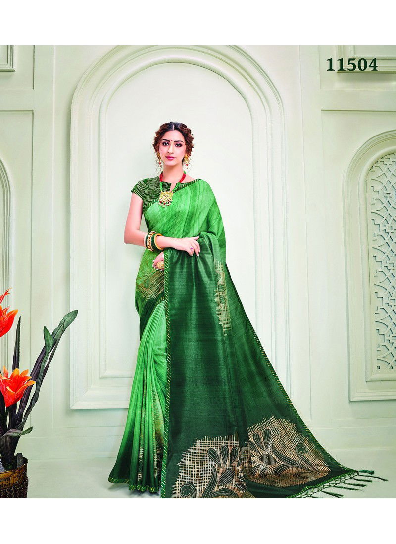 Green Metallic Value Addition Swarovski Work Crystals Party Wear Silk Saree 11504